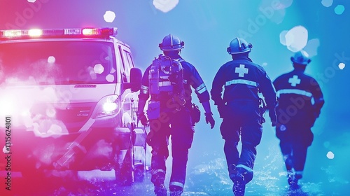 Emergency responders in action, rushing towards an ambulance during a snowy night.