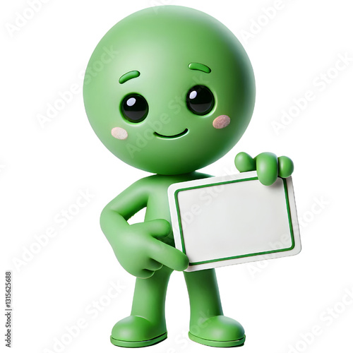 Cute 3d green man holding blank card isolated on white background