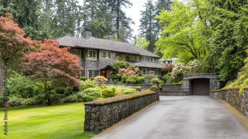 Elegant two-story mansion with a grand entrance, symmetrical design, and a beautifully landscaped driveway Elegant two-story mansion with a grand entrance, symmetrical design, and a beautifully landscaped driveway