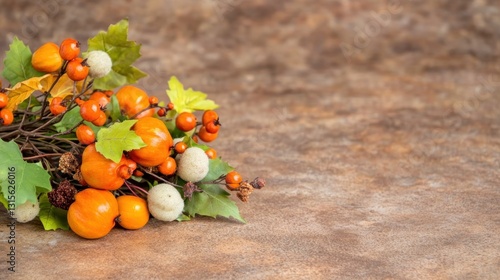 Fall harvest still life of berries and foliage set on a neutral brown stone surface, for seasonal decoration