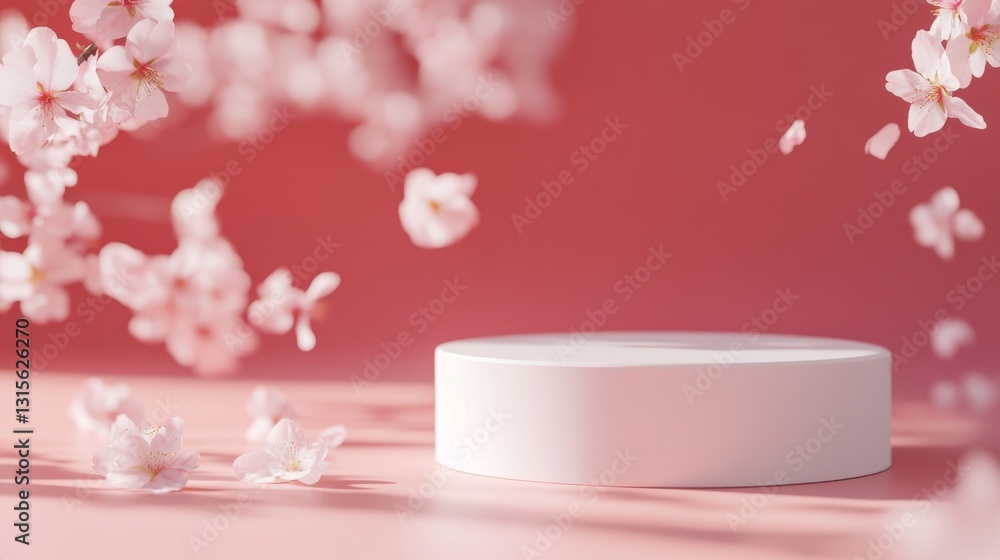 floating white cylindrical platform on soft coral pink background, delicate cherry blossoms scattered around base, gentle gradient shadows, clean minimalist product stage, matte finish pedestal, soft floating white cylindrical platform on soft coral pink background, delicate cherry blossoms scattered around base, gentle gradient shadows, clean minimalist product stage, matte finish pedestal, soft