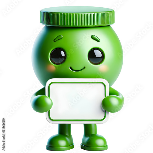 Cute 3d green man holding blank card isolated on white background