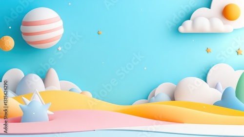 Fantasy land cartoon landscape. Cute sky background with clouds, planet & stars use for children book