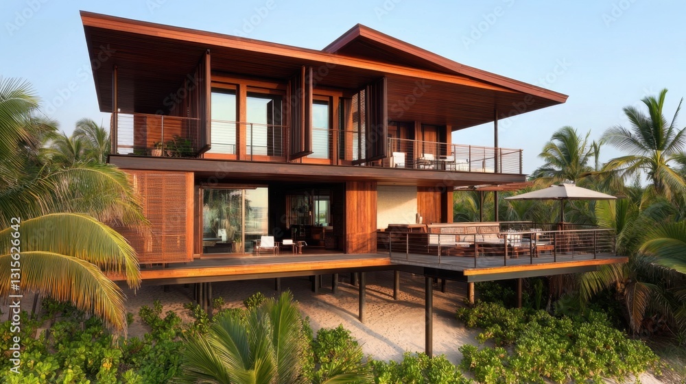 Elevated wooden beach house on stilts, with open balconies and tropical plants surrounding it Elevated wooden beach house on stilts, with open balconies and tropical plants surrounding it