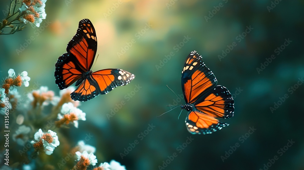 Two Monarch Butterflies in Flight over Flowers Two Monarch Butterflies in Flight over Flowers