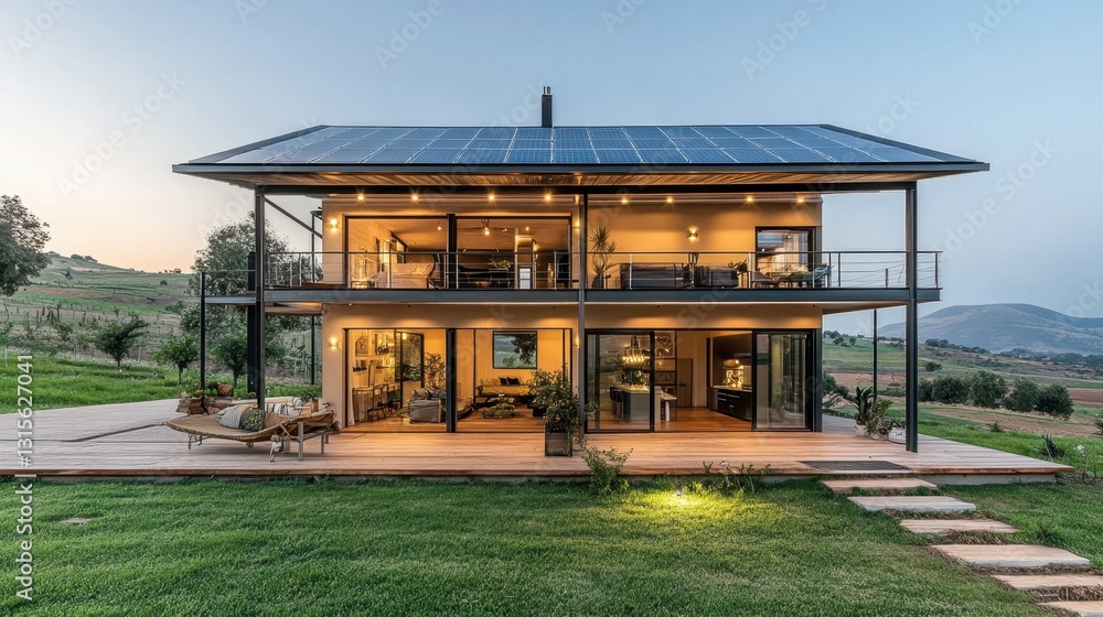 Energy-efficient two-story home with solar panels, smart technology, and sustainable materials