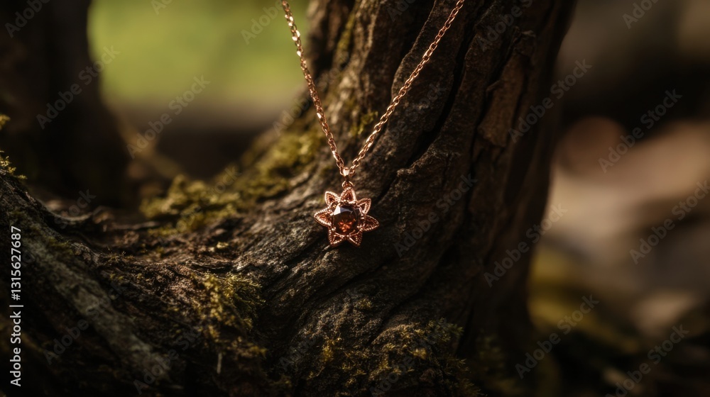 Fototapeta premium Elegant Rose Gold Star Necklace Displayed on Rustic Tree Bark
