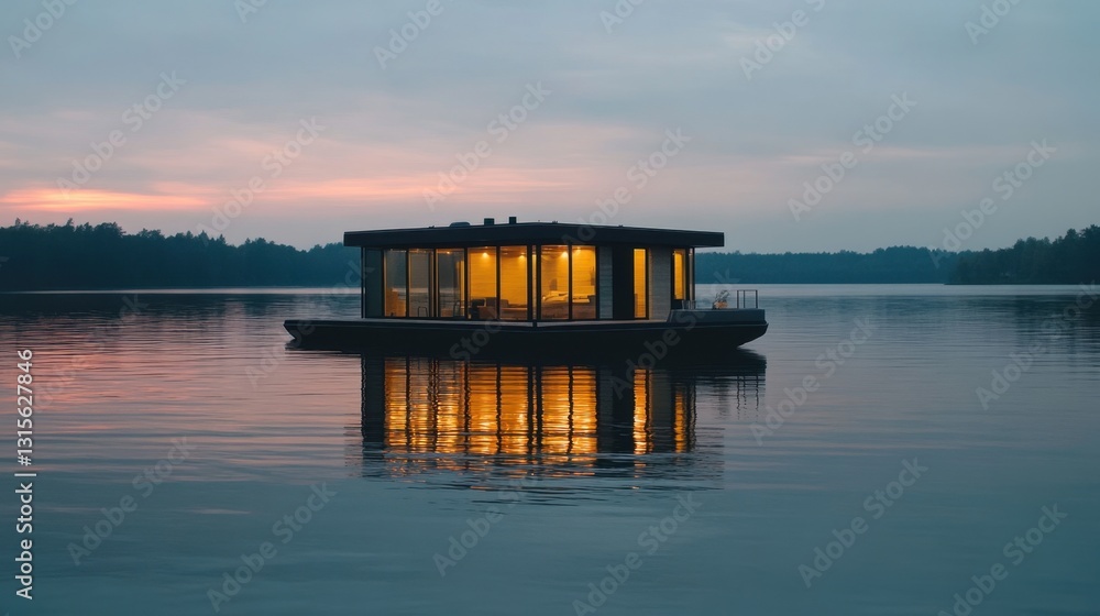 Floating minimalist house with a reflective glass exterior, overlooking a calm lake at sunset Floating minimalist house with a reflective glass exterior, overlooking a calm lake at sunset