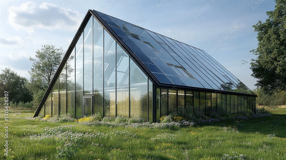 Futuristic two-story house with smart home technology, eco-friendly solar panels, and a glass-walled design Futuristic two-story house with smart home technology, eco-friendly solar panels, and a glass-walled design