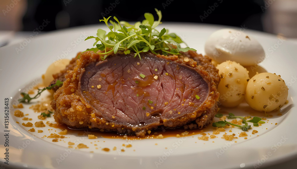 A five-star restaurant presentation of fried goat liver, elegantly plated on a fine porcelain dish, garnished with edible gold flakes and microgreens, served with a side of truffle-infused mashed pota A five-star restaurant presentation of fried goat liver, elegantly plated on a fine porcelain dish, garnished with edible gold flakes and microgreens, served with a side of truffle-infused mashed pota