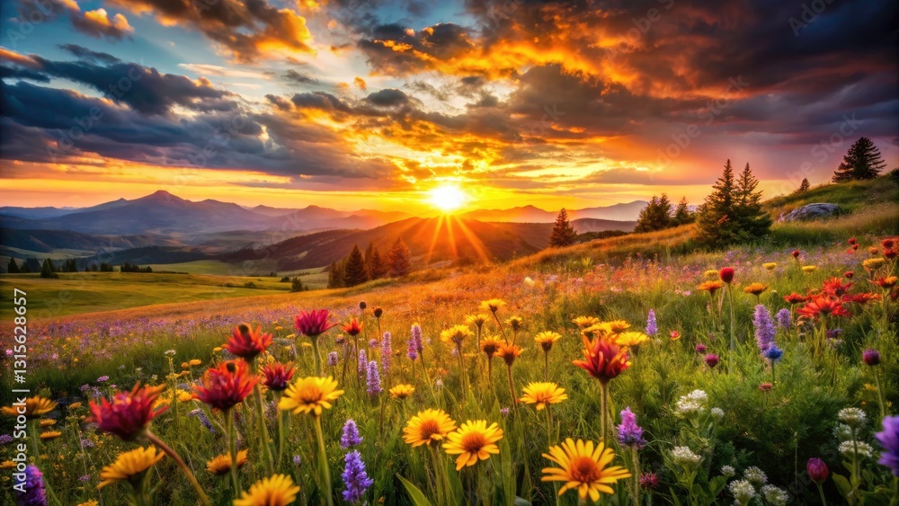 Obraz premium Sunset Meadow Grass Flowers Landscape Photography, Golden Hour Wildflower Field, Vibrant Sky Dusk Scenery