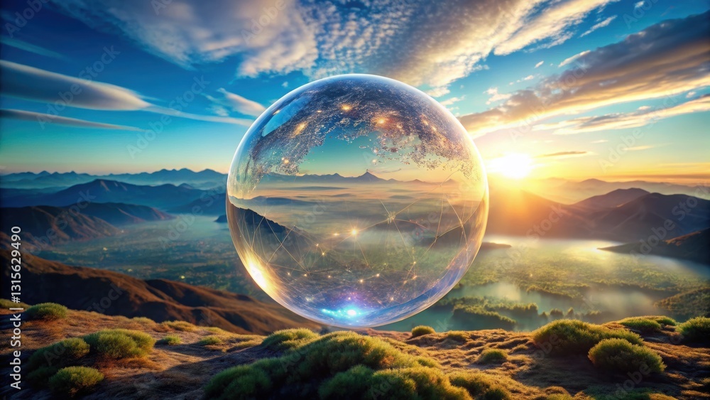 Crystal-clear bubble floating gracefully in the air representing freedom, lightness, and serenity Crystal-clear bubble floating gracefully in the air representing freedom, lightness, and serenity