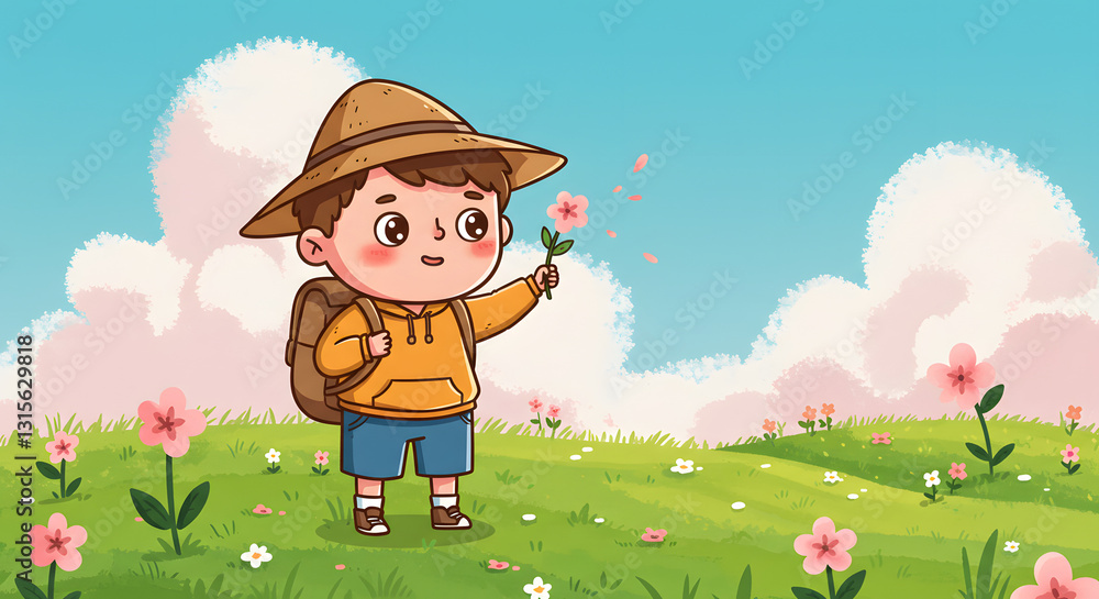 Obraz premium Happy Cartoon Boy with Flower in Spring Landscape