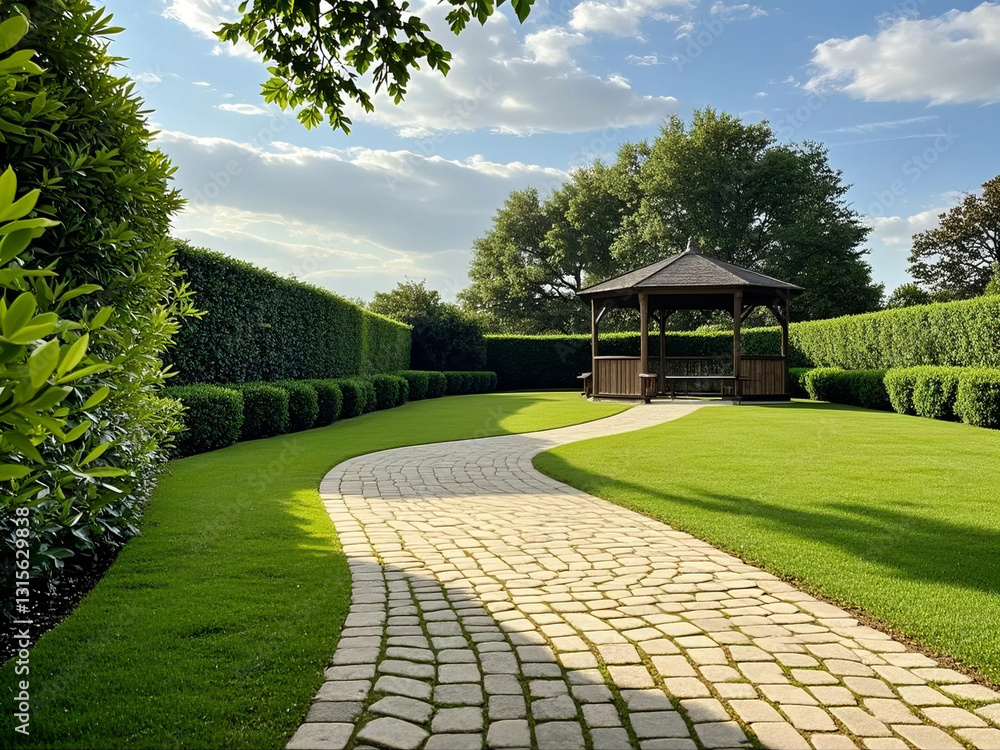 Fototapeta premium A tile and stone path between green grass,surrounded by lush green foliage and neatly trimmed hedges. Well-designed, landscaped, and shaded footpath