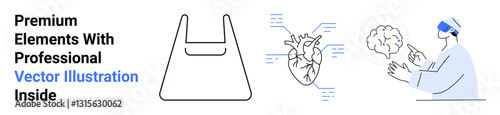Digital heart with data elements, a brain, medical professional in VR headset exploring anatomy. Ideal for medical research, healthcare innovation, futuristic tech, digital education, biomedical
