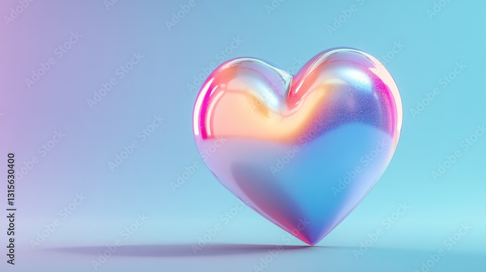 3D glossy heart rendered in soft gradient from cotton candy pink to lavender, floating against pastel blue background, metallic holographic sheen, kawaii style with bubble effect highlights, ultra 3D glossy heart rendered in soft gradient from cotton candy pink to lavender, floating against pastel blue background, metallic holographic sheen, kawaii style with bubble effect highlights, ultra