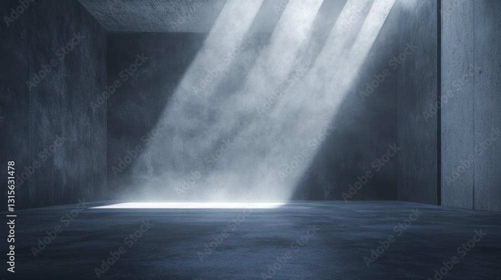 Fototapeta premium Moody dark space with smooth concrete foundation, dynamic white fog elements creating dimensional depth, premium architectural visualization showing material textures, dramatic studio lighting with