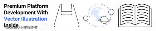 Icons of a shopping bag, planetary system, globe, and open book, evoking themes of technology, learning, sustainability, e-commerce and global connectivity. Ideal for apps education retail tech