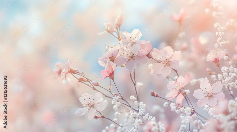 Floating cherry blossoms and baby's breath in soft focus, gentle color palette of pale pink, vanilla, and dusty blue, ethereal spring garden atmosphere with natural bokeh, diffused sunlight creating Floating cherry blossoms and baby's breath in soft focus, gentle color palette of pale pink, vanilla, and dusty blue, ethereal spring garden atmosphere with natural bokeh, diffused sunlight creating