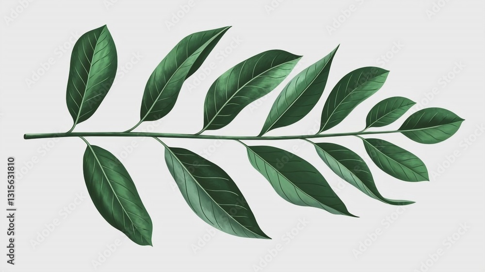 Naklejka premium The digital illustration features a fresh green plant stem with elongated leaves, arranged in a clean, natural, and botanical pattern on a white background.