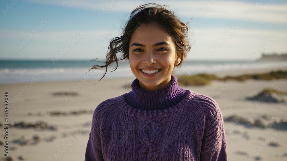 Good-looking young hispanic gal in purple themed sweater on a beach smiling Good-looking young hispanic gal in purple themed sweater on a beach smiling