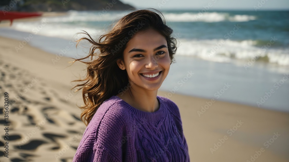 Good-looking young hispanic gal in purple themed sweater on a beach smiling Good-looking young hispanic gal in purple themed sweater on a beach smiling