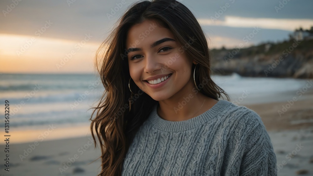 Good-looking young hispanic gal in gray themed sweater on a beach smiling Good-looking young hispanic gal in gray themed sweater on a beach smiling