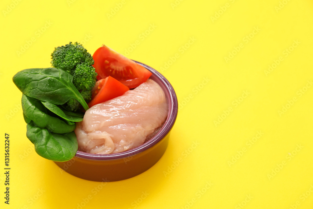 Bowl with healthy pet food on yellow background Bowl with healthy pet food on yellow background