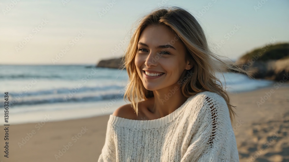 Good-looking young caucasian gal in white themed sweater on a beach smiling Good-looking young caucasian gal in white themed sweater on a beach smiling