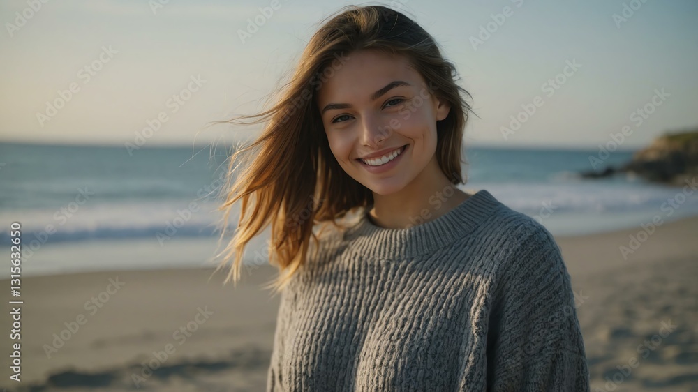 Good-looking young caucasian gal in gray themed sweater on a beach smiling Good-looking young caucasian gal in gray themed sweater on a beach smiling