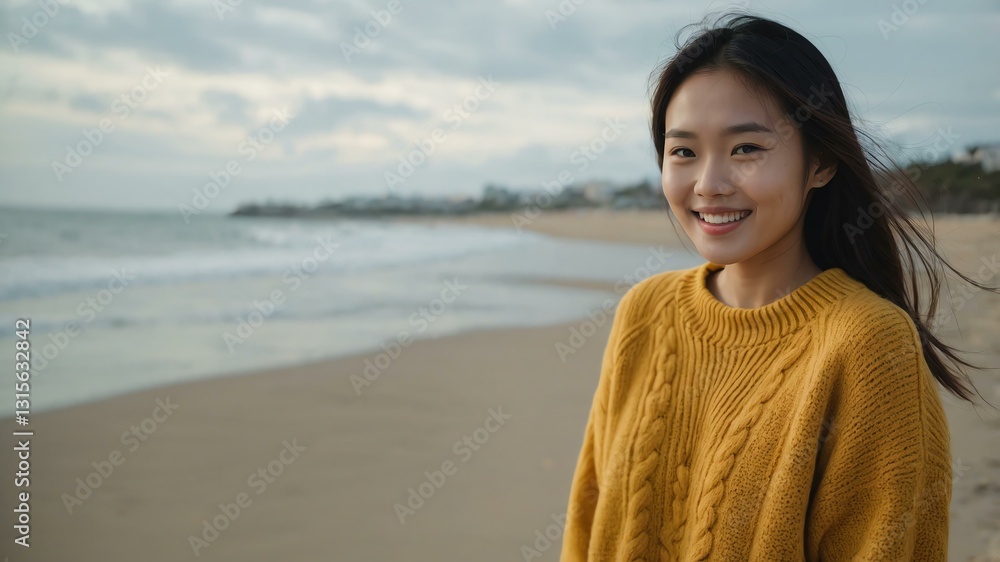 Good-looking young asian gal in yellow themed sweater on a beach smiling Good-looking young asian gal in yellow themed sweater on a beach smiling