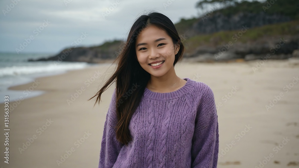 Good-looking young asian gal in purple themed sweater on a beach smiling Good-looking young asian gal in purple themed sweater on a beach smiling