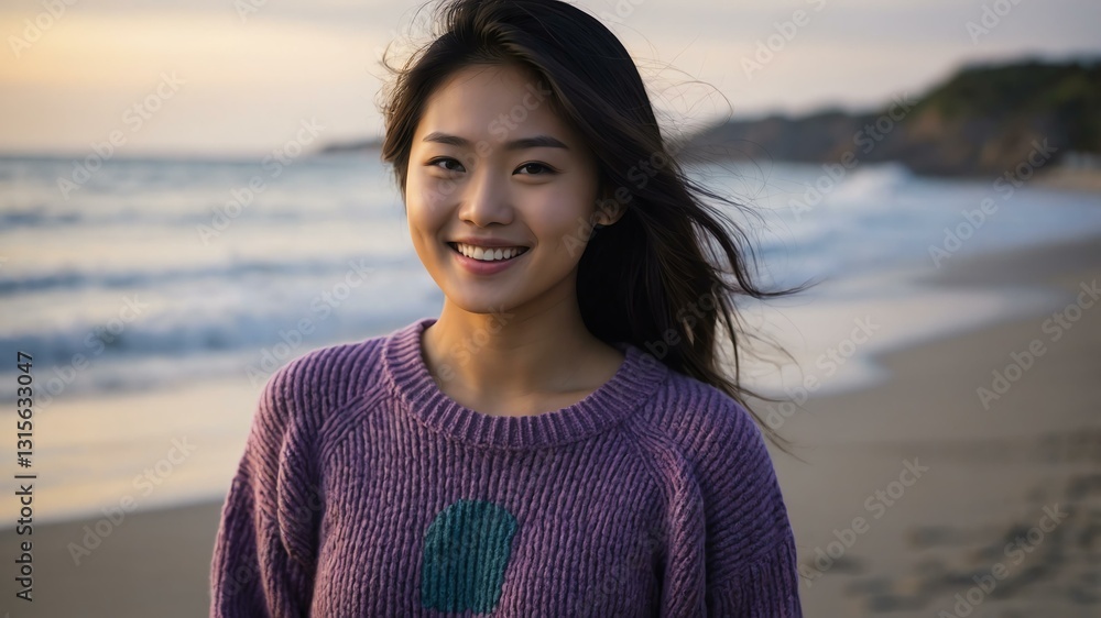 Good-looking young asian gal in purple themed sweater on a beach smiling Good-looking young asian gal in purple themed sweater on a beach smiling