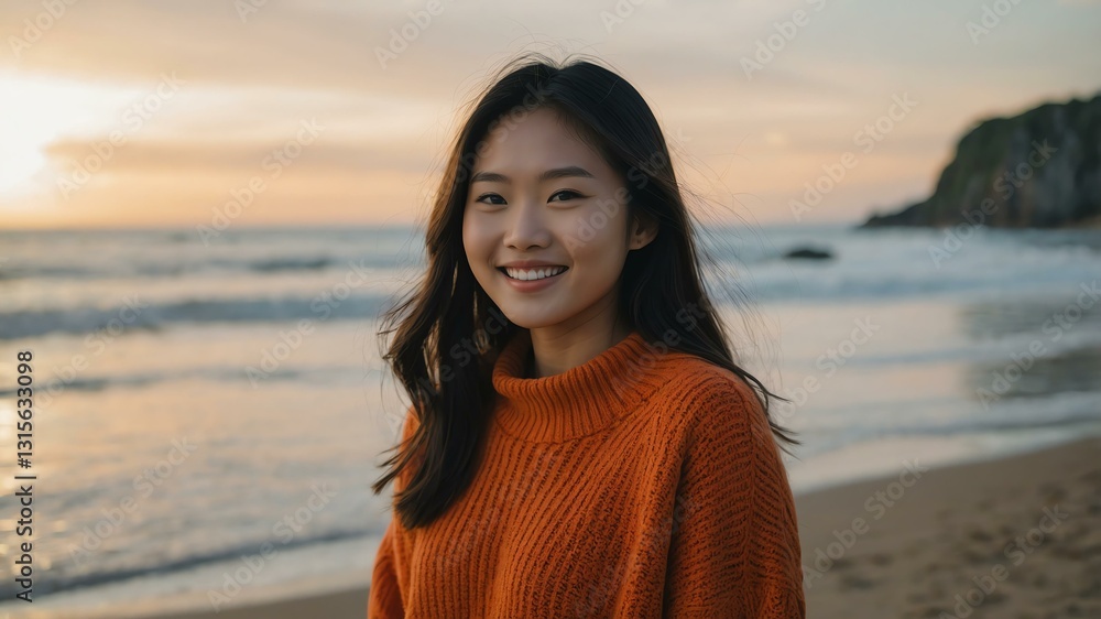 Good-looking young asian gal in orange themed sweater on a beach smiling Good-looking young asian gal in orange themed sweater on a beach smiling