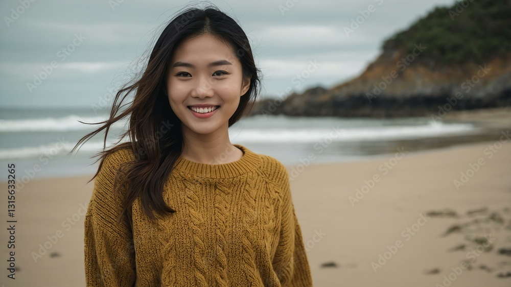 Good-looking young asian gal in gold themed sweater on a beach smiling Good-looking young asian gal in gold themed sweater on a beach smiling