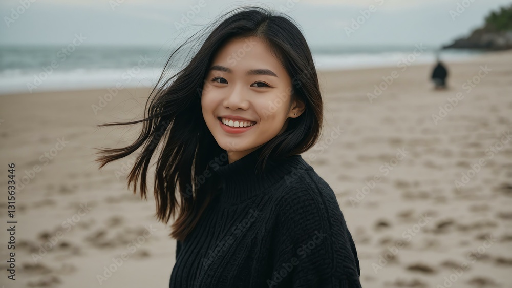 Good-looking young asian gal in black themed sweater on a beach smiling Good-looking young asian gal in black themed sweater on a beach smiling