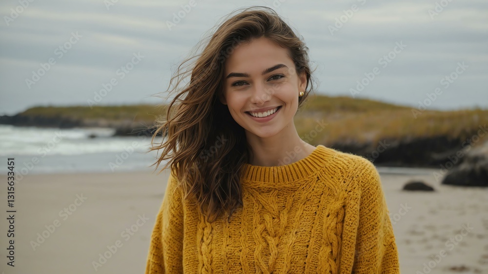 Good-looking young american gal in yellow themed sweater on a beach smiling Good-looking young american gal in yellow themed sweater on a beach smiling