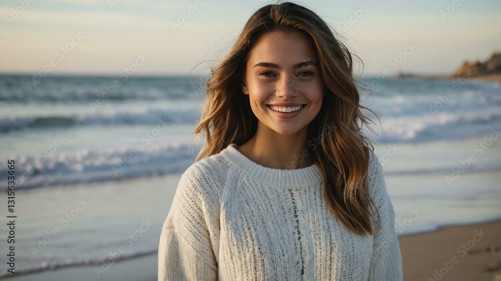 Good-looking young american gal in white themed sweater on a beach smiling Good-looking young american gal in white themed sweater on a beach smiling