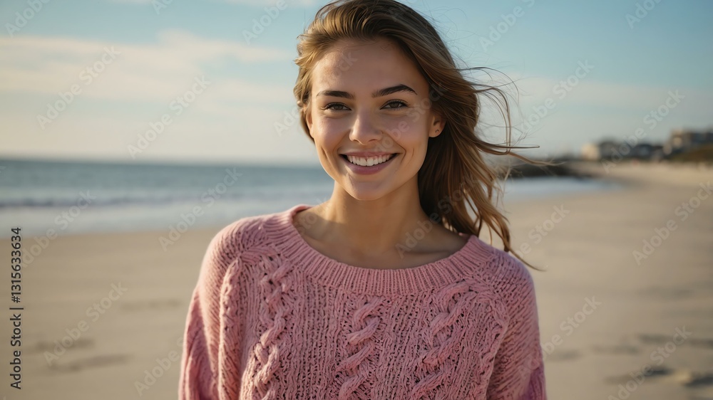 Good-looking young american gal in pink themed sweater on a beach smiling Good-looking young american gal in pink themed sweater on a beach smiling