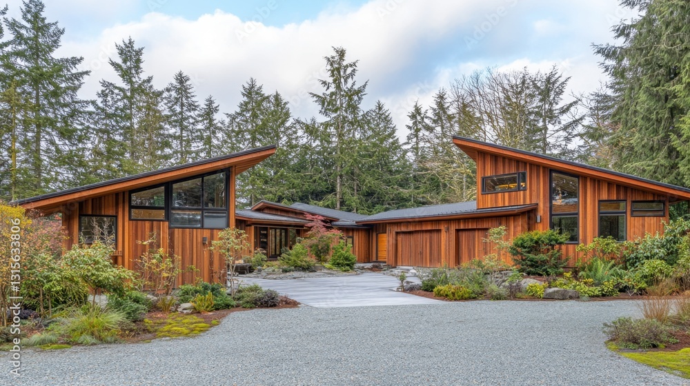 Fototapeta premium Minimalist wooden cabin with a modern design, flat roof, and clean lines in a peaceful setting