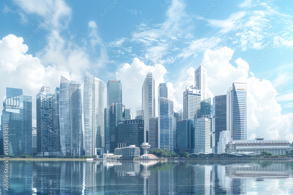 Obraz premium Tall skyscrapers with clear sky and river reflections, A modern skyline showcasing a fusion of traditional and contemporary architectural styles
