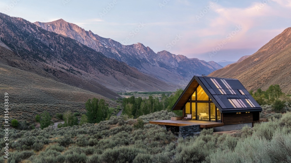 Fototapeta premium Modern A-frame house with large windows, nestled in a scenic mountain valley
