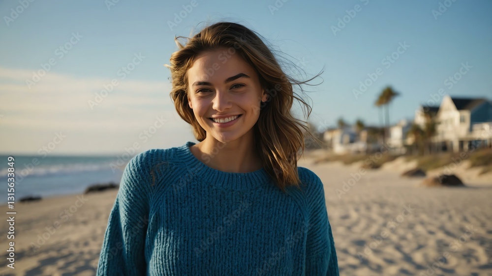 Good-looking young american gal in blue themed sweater on a beach smiling Good-looking young american gal in blue themed sweater on a beach smiling
