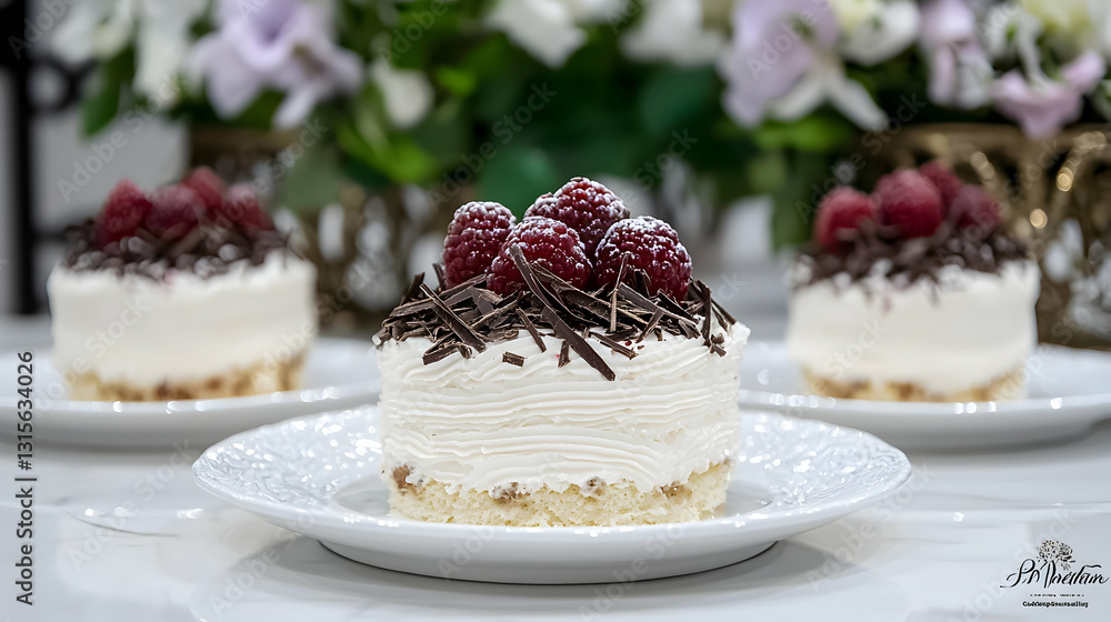 Three petite cakes topped with raspberries and chocolate shavings on plates Three petite cakes topped with raspberries and chocolate shavings on plates