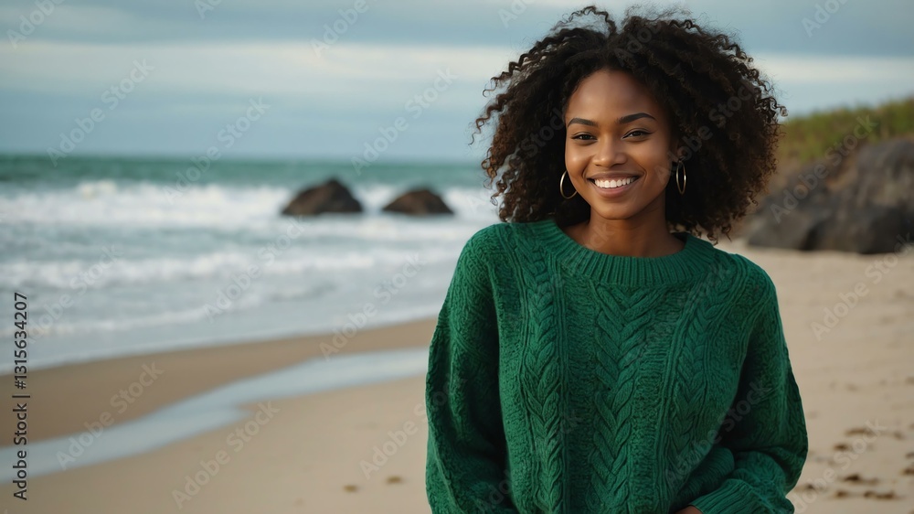 Good-looking young african gal in green themed sweater on a beach smiling Good-looking young african gal in green themed sweater on a beach smiling