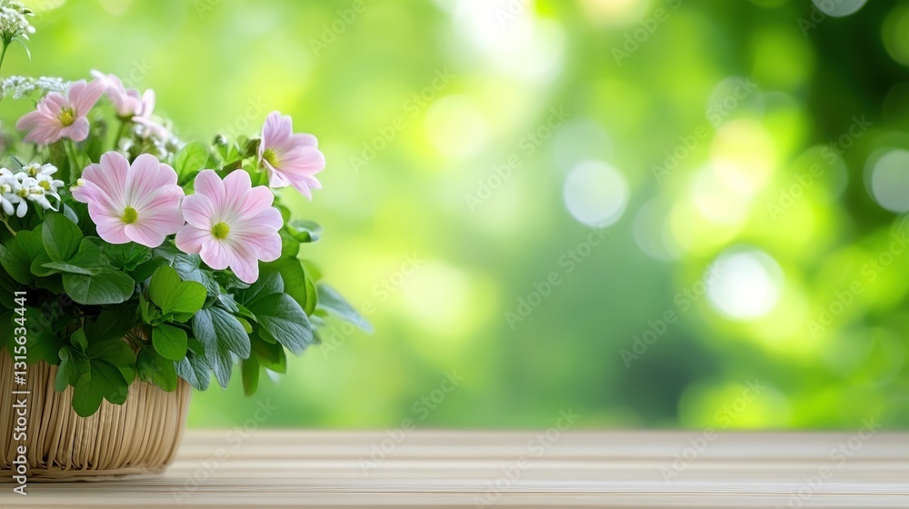 Flowers in a basket bloom against a soft green background on the table. Stock photo Flowers in a basket bloom against a soft green background on the table. Stock photo