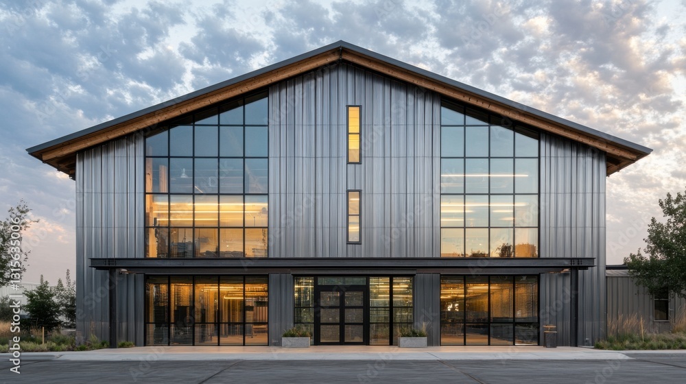 Modern industrial-style two-story home with metal cladding, exposed beams, and large glass doors Modern industrial-style two-story home with metal cladding, exposed beams, and large glass doors