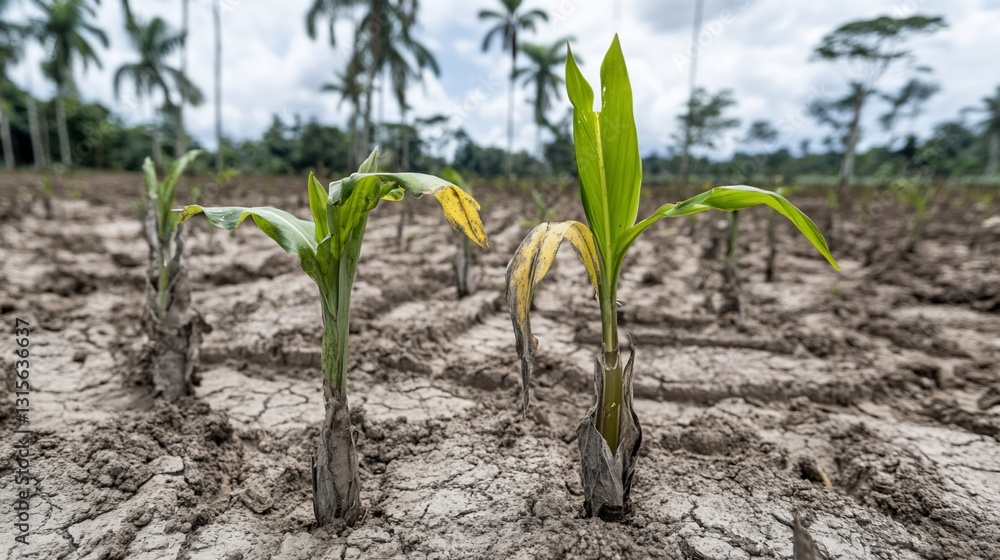 Young corn plants drought-stricken field, rainforest backdrop Young corn plants drought-stricken field, rainforest backdrop