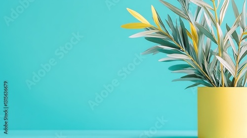 Foliage in a vibrant yellow pot against a bright turquoise wall for a modern home design