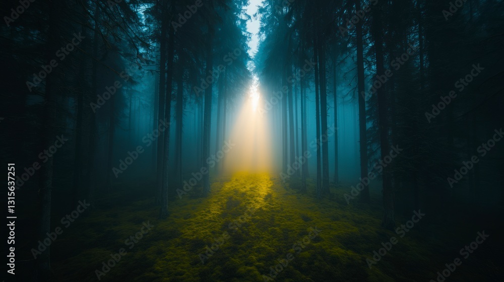 Fototapeta premium Mystical Forest Path Sunbeams in Foggy Woods